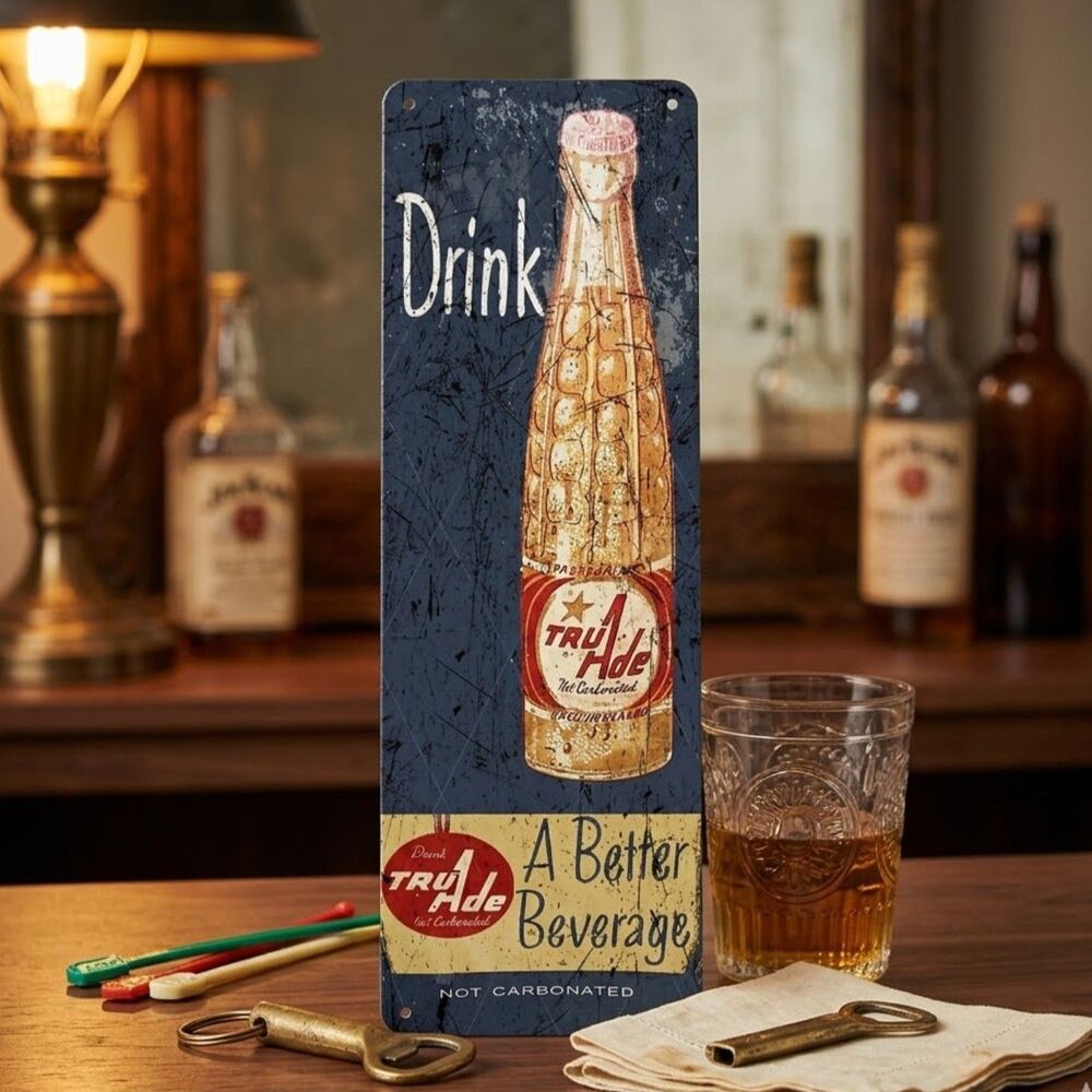 Vintage TruAde Retro Metal Tin Sign Soda Bar Man Cave Decor 4"x11" NEW